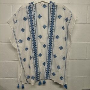 Daily Thread White Blue Embroidered Tassels Open-Front Kimono Cover-Up 2XL / 3XL